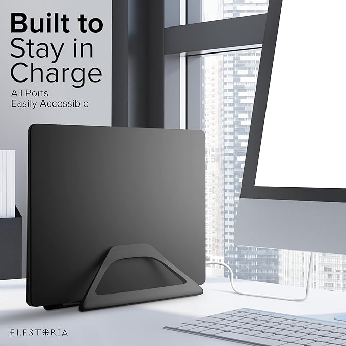 Elestoria Aluminum Vertical Laptop Stand with Gravity Auto-Lock – Adjustable Laptop Holder Vertical fits MacBook Pro/Air, Chromebook & Gaming Laptops up to 17.3" – Space-Saving Desktop Dock - Black