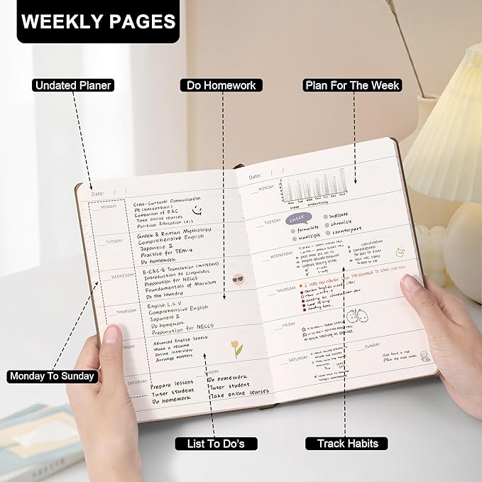2026 Planner，Undated Weekly Planner With Pockets , A5 Week Plan Notepad5.5'' X 8.1'' Weekly Agenda Weekly To Do List Planner Notebook With Goal & Habit Tracker Organizer Inner Pocket, Perfect For Office Home School Supplies Vegan Leather Hardcover (flo...