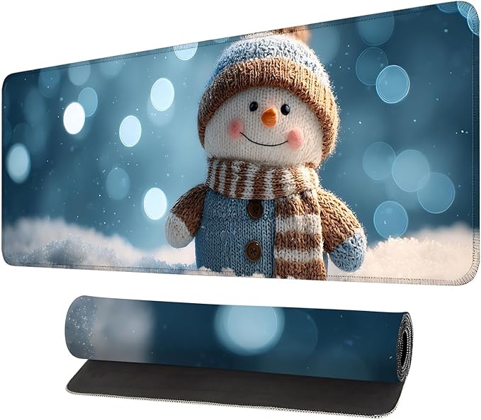 Desk Mat, XXL Extended Gaming Pad for Desktop, 31x12 Inches Scarf and Hat Snowman, Large Non-Slip Vegan Leather Surface with Stitched Edges, Keyboard Mouse Mat for Home Office