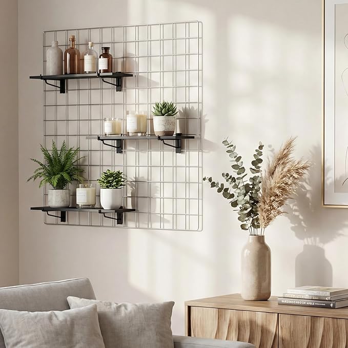 4 Pack Grid Wall Shelf with Metal Brackets 16"x 8" Wooden Grid Wall Shelves Organizer Heavy Duty Accessories for Garage, Craft Rooms, Retail Stores, Office, Workbench and Retail