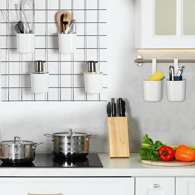 6 Pcs Grid Wall Baskets for Storage Grid Panel Accessories Hanging Bins Gridwall Cups for Kitchen and Bathroom, Hanging Baskets for Organizing, White