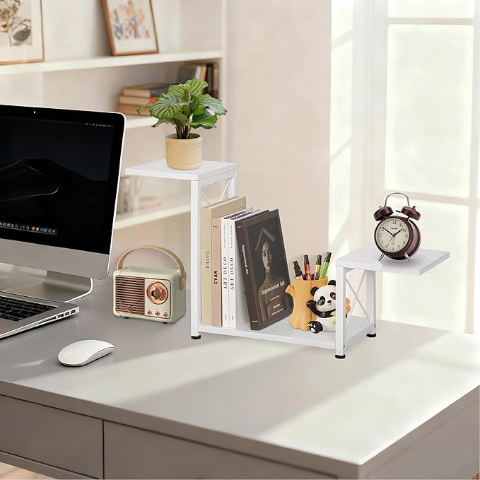 Desk Shelf Organizer, 3 Tier Storage Shelf Riser Display Stand, Wood Desktop Organizer Small Bookshelf, Desktop Shelf for Office Decor and Desk Accessories, White