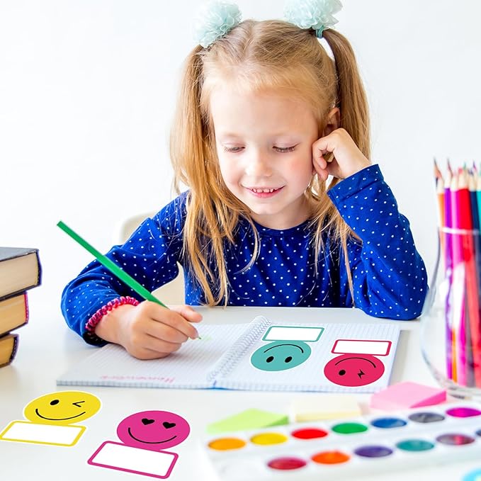 Whaline 135Pcs Rainbow Smile Face Name Tag Sticker Back to School Nameplate Sticker 9 Designs Happy Face Bright Colors Label Decal Cute Classroom Bulletin Board Decor for Office Desk Wall Decor