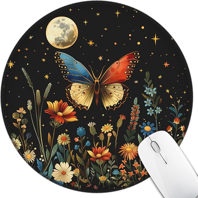 Mouse Pad for Desk, Butterfly Floral Small Cute Mousepad with Non-Slip Base, Round Mouse Pads for Wireless Mouse Laptop Gaming, Computer Mouse Mat for Home Office Travel Desk Accessories