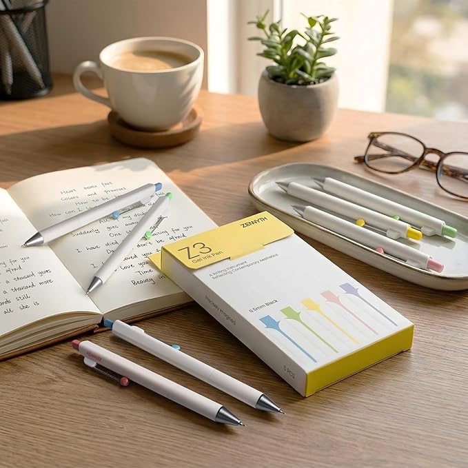 Gel Pens, 5 Pcs 0.5mm Black Ink Fine Point Pens Quick-Drying Retractable Pens with Diamond-Shaped Barrel, Smooth Writing Pens for Journaling & Note Taking (5 Pcs Z3 White)