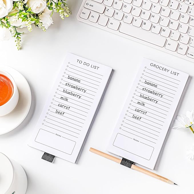 Sinmoe 2 Pcs Magnetic Notepad for Refrigerator Grocery List Magnet Notepad Fun Memo Note Pad Fridge To Do List with Pen Holder for Shopping Grocery Task, 3.5 x 7.5 Inch, 100 Sheets(Grocery List)