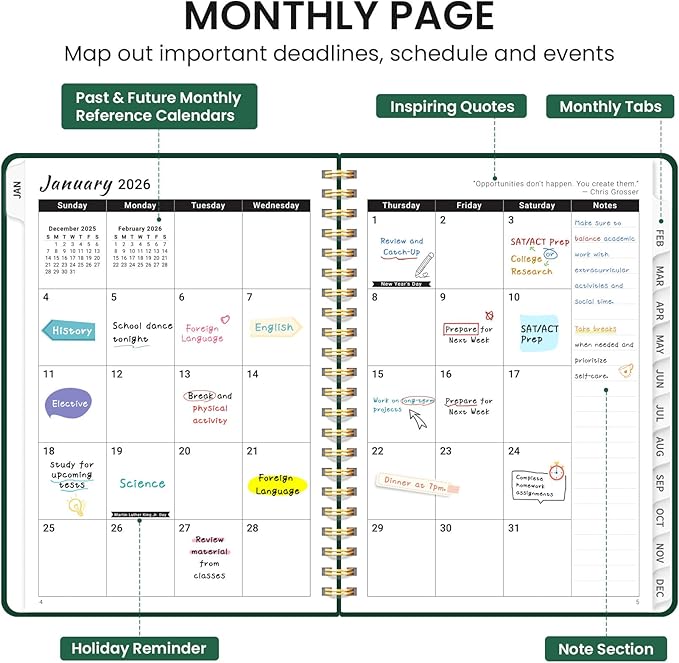 2026 Planner, Weekly and Monthly Calendar Planner, January 2026 - December 2026, Hardcover 2026 Calendar Book with Tabs For Women & Men, Inner Pocket, Spiral Bound, Perfect for Office Home School Supplies - A4 (8.5" x 11"), Dark Green