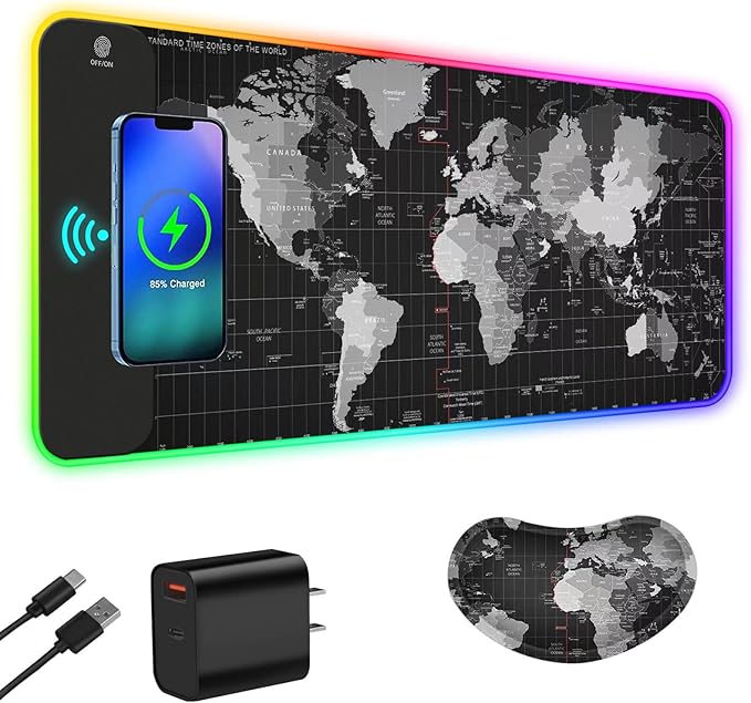 ToLuLu Wireless Charging RGB Gaming Mouse Pad, 15W LED Mouse Mat with 30W Charger, 14 Light Modes Large Mousepad with Wrist Support, Non-Slip Rubber Base Desk Mat Computer PC Keyboard Pad World Map