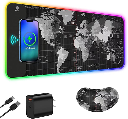 ToLuLu Wireless Charging RGB Gaming Mouse Pad, 15W LED Mouse Mat with 30W Charger, 14 Light Modes Large Mousepad with Wrist Support, Non-Slip Rubber Base Desk Mat Computer PC Keyboard Pad World Map