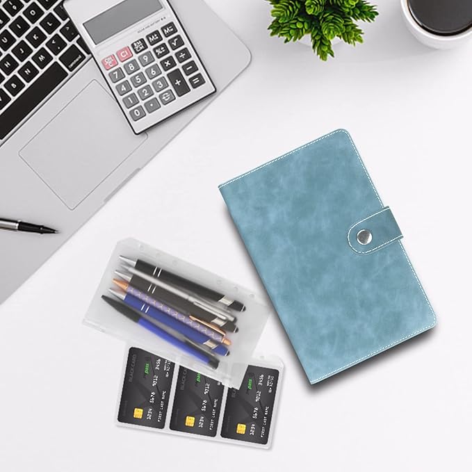 FYY A6 Binder Refillable Planner Notebook 6 Ring PU Leather Binder Journal with Pockets, Dividers, Refill Paper Blue