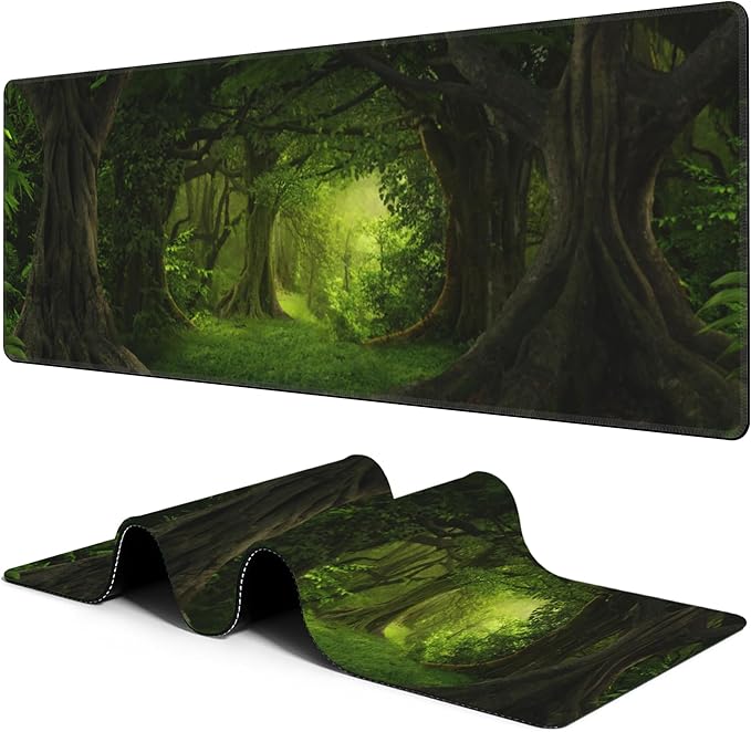 Deep Tropical Jungle Forest Mouse Pad Desk Mat XL Large Gaming Mousepad Extended Computer Keyboard Mat with Non-Slip Rubber Base and Stitched Edge 11.8 x 31.5 Inch for Gaming and Office Work