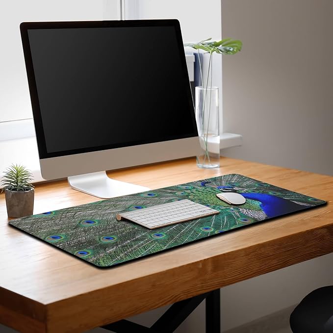 Computer Mat Blue mats, Large Mousepads Keyboard Mouse Pad, Chic Office Desk Accessories Non-Slip Rubber Base Waterproof with Stitched Edges, 35.4 X 15.7 inch for Work/Game/Office Peacock