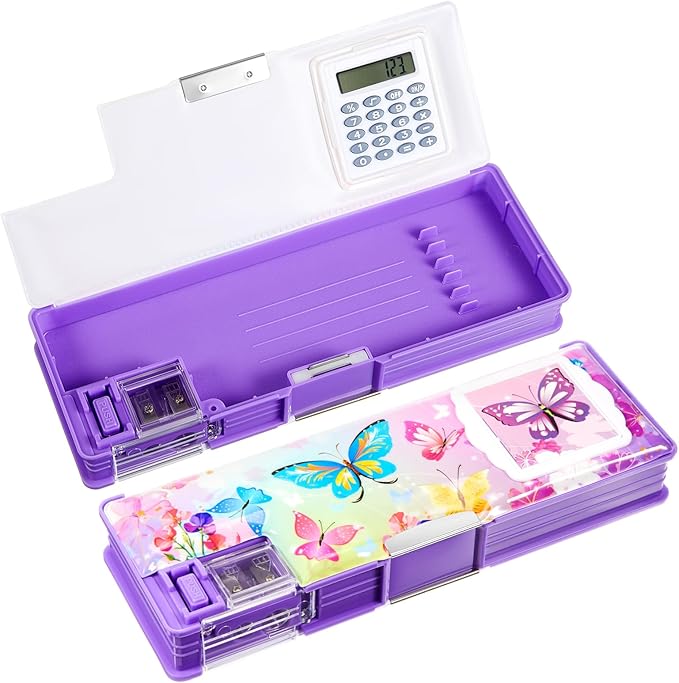 Henoyso Multifunctional Pencil Box for Girls Butterfly Pencil Case with Calculator and Sharpener Cool Cute Pencilcase School Supplies Essentials Christmas Birthday Gift Present for Kids Teens