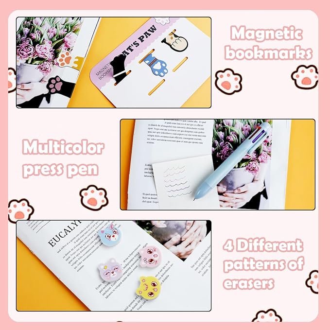 19 PCS Cute Cat Paw Stationery Set, Cartoon Mini Pencil Roller, Kawaii Magnetic Bookmarks, Correction Tape, Eraser, Multicolor Pens, Ruler, Highlighters Sticky Notes for Cat Lovers