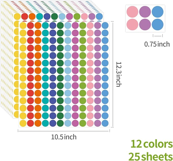 REGELETO 4200 PCS 0.75 Inch 12 Colors Round Colored Dot Stickers for Student Teaching Papers, Color Coding Labels, Circle Dots Stickers for Office and Classroom (25 Sheets)
