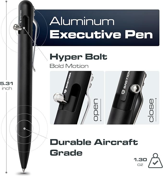 BASTION Aluminum Bolt Action HyperBolt Pen - CNC Machined Lightweight EDC Writing Tool, Refillable, Premium Everyday Carry Gift Pen for Professionals - Black
