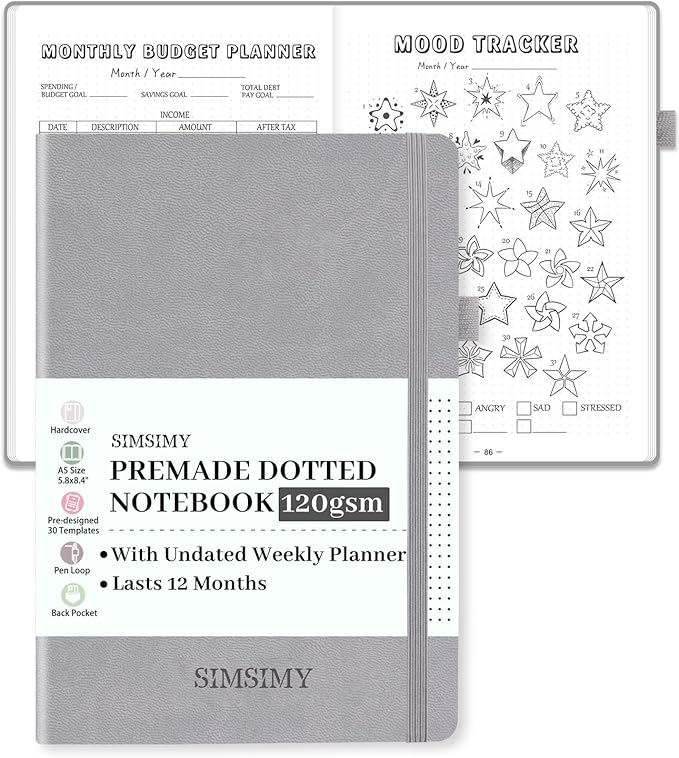 Dotted Journal Notebook with Premade Bullet Templates, Pre-made Dot Grid Journaling with Undated Weekly & Monthly Planner, Various Trackers - 12 Month Organization, A5 Hardcover