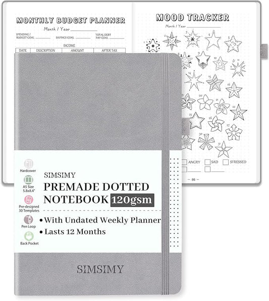 Dotted Journal Notebook with Premade Bullet Templates, Pre-made Dot Grid Journaling with Undated Weekly & Monthly Planner, Various Trackers - 12 Month Organization, A5 Hardcover