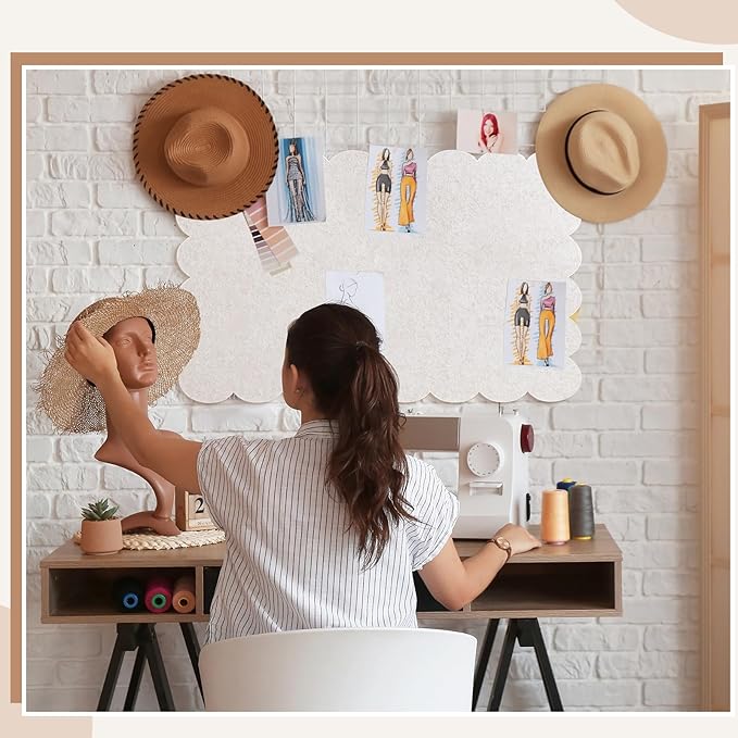 Scalloped Felt Bulletin Board 36 x 18 Inches Foldable Beige Pin Cork Board Alternative for Wall, 3' x 1.5' Trifold Picture Vision Self Adhesive Bulletin Decorative