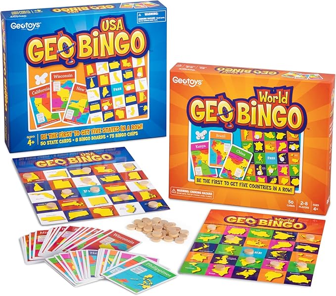 GeoToys GeoBingo Set, World & USA Bingo for Kids Ages 4 and Up, Geography Game for Home & School, Bingo Games for Family, Play and Learn USA States and Capitals and World Countries