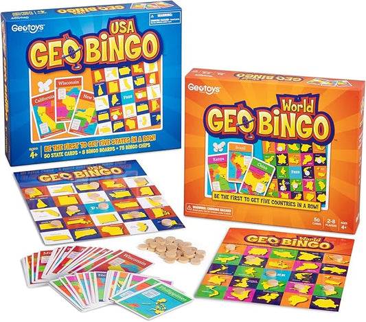 GeoToys GeoBingo Set, World & USA Bingo for Kids Ages 4 and Up, Geography Game for Home & School, Bingo Games for Family, Play and Learn USA States and Capitals and World Countries