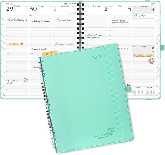 POPRUN 2026 Planner (Large - 8.5" x 10.5") with Hourly Schedule & Vertical Layout - 2026 Weekly Calendar (Jan. 2026 - Dec.2026) for Time Management, Monthly Tabs, Spiral Bound, Soft Cover - Green