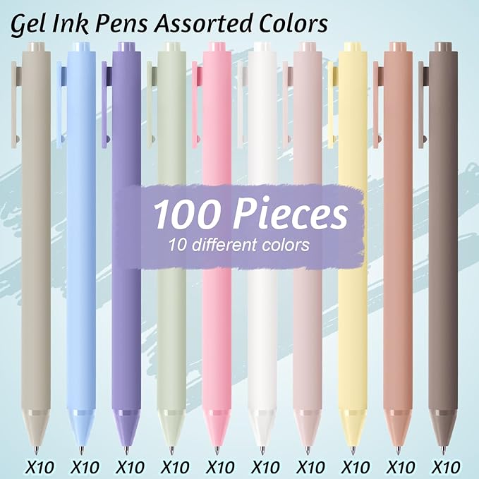 Crtiin 100 Pcs Gel Ink Pens Bulk, Black Ink 0.5mm Fine Point Retractable Pen Smooth Writing Office Supplies for Teacher Server Nurse Valentine Galentine Gift (Pastel Colors)