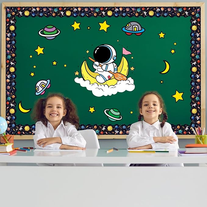 2 Rolls Outer Space Border, 65.6 Ft Galaxy Scalloped Borders Trim Night Sky Classroom Bulletin Board Border Trim for Back to School Classroom Bulletin Boards Chalkboard Wall Decor