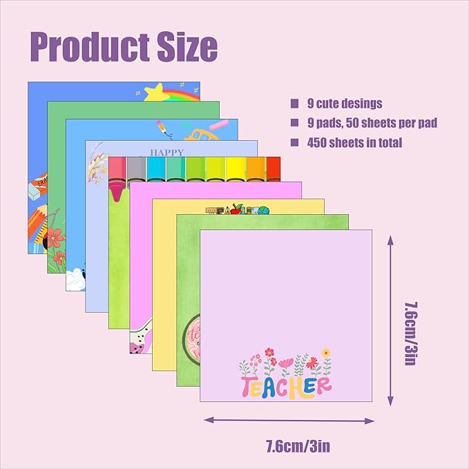 9 Pads Cute Sticky Notes Set, 3" x 3" Self Stick Notepads, Funny Sticky Notes Set, Teacher Stationery, Kawaii Adhesive Memo Pads, Teacher Gifts, Office Decor Desk Accessories School Supplies