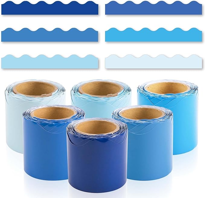 6 Rolls 206.69ft Winter Bulletin Board Decorations, Bulletin Board Borders for Classroom, Boho Scalloped Trim Boho Borders for Back to School Theme Classroom Office Decor Supplies (Blue)