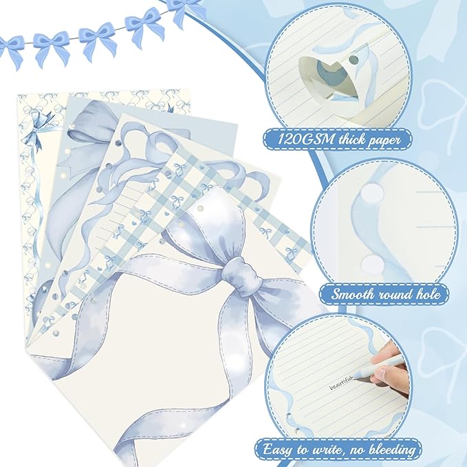 100 Sheets Blue Bow A5 Refill Papers for Planner Insert Binder, Thick Loose Leaf Paper, 120GSM 6 Hole Journal Fillers for A5 6 Ring Binder Notebook Diary Budget Personal Organiser