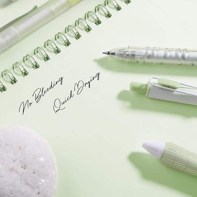 5 Count Pastel Gel Ink Pen Set,Cute Note Taking 0.5mm Fine Point Retractable 5 Count Black Ink Pens for Writing, Journaling, School, Office (Light Green Clear)