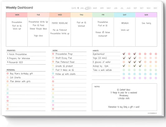 Weekly Dashboard To-Do List Notepad – Undated Weekly Planner with Habit Tracker & Notes – Minimalist A4 Layout for Productivity, Organization & Time Management (Colorful)