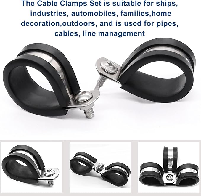 Taiss 40PCS 3/4 Inch Cable Clamps 304 Stainless Steel Rubber Cushion Insulated Wire Clamps,Loop Clamps,Metal Clamp,Pipe Clamps With two kinds of screws,(19mm) F-098-19mm