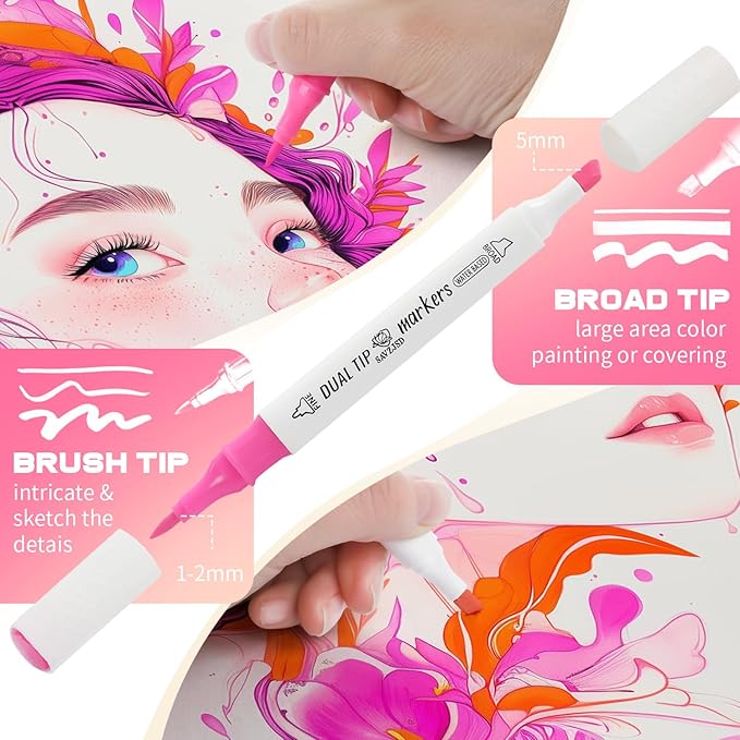 [Water-Based Ink] 120 Colors Dual Tip Markers Set, Brush & Chisel Double Tipped Art Markers for Artists Adults Beginners & Artists in Coloring, Painting