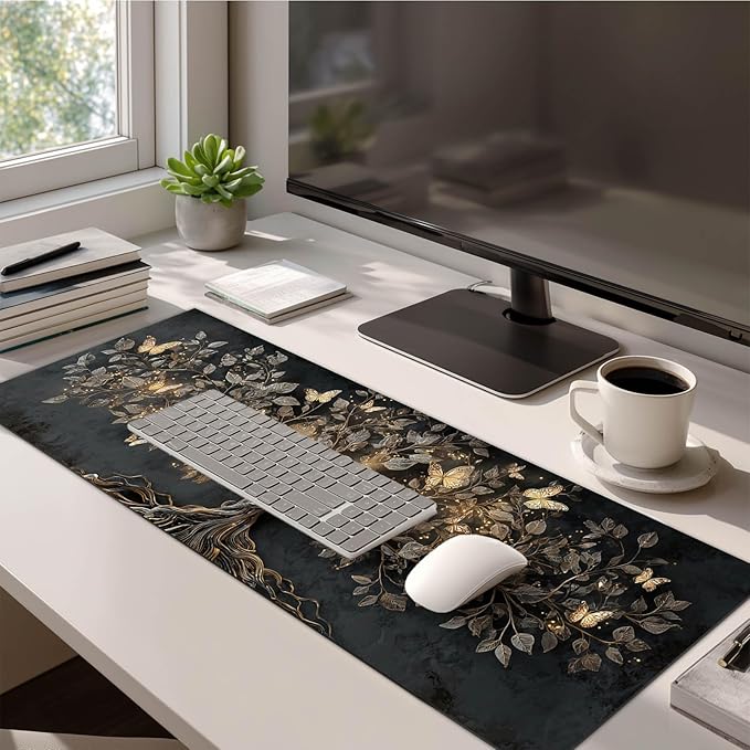 Large Mouse Pad Gaming Mousepad 31.5 x 11.8 Inch Keyboard Desktop Mat Diatomite XL Mouse Pad for Home and Office Desk Accessories with Golden Tree Butterfly Glow Artwork Diatomite