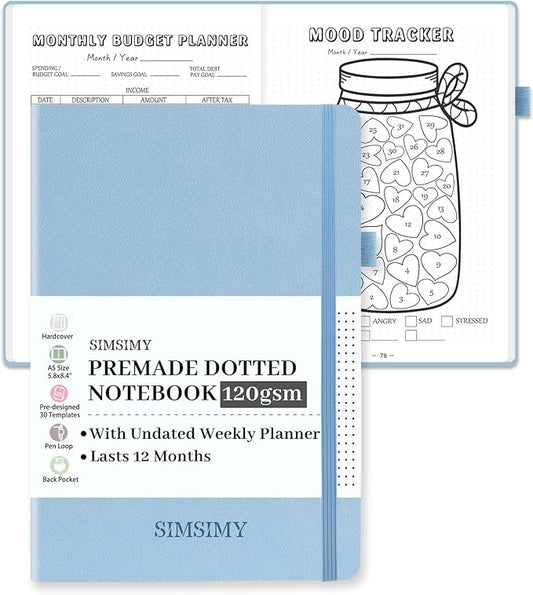 Premade Dotted Journal Notebook with Bullet Templates, Pre-made Dot Grid Journaling with Undated Weekly & Monthly Planner, Various Trackers, Lasts 1 Year, A5