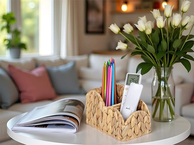 Scalloped TV Remote Control Holder Bedside Organizer, Office Desk Caddy Storage Organizer Accessories, Pen Pencil Cup, Makeup Brush Holder, Farmhouse Rustic Decor Organizer Holder, Natural