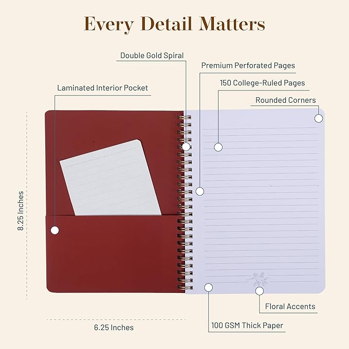 Happy Hoos® Aesthetic Spiral Notebook - 6.25" x 8.25" College Ruled Journal Notebook - Hard Cover Writing Journal for Work, School, Travel, More - Floral Notebook 8 Seasonal Designs (Gilded Autumn)