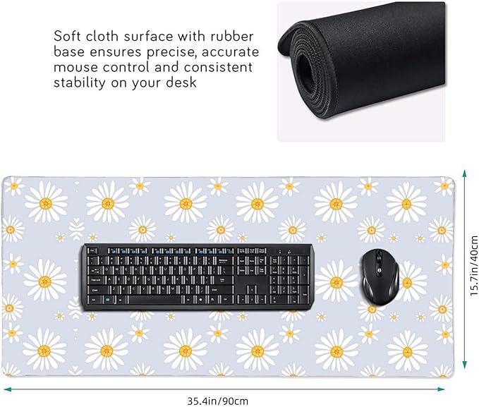 Extra Large Mouse Pads Daisy Flowers XXL Extended Mousepad with Stitched Edges Non-Slip Rubber Base Computer Keyboard Pad Desk Mat for Home Office Desk Decor, 35.4" X 15.7"