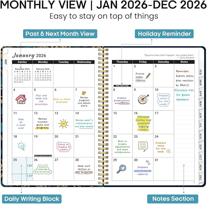 2026 Planner, Weekly and Monthly Calendar Planner Book, January 2026 - December 2026, Hardcover Spiral Planner with Monthly Tabs, Notes Pages, Perfect for Women & Men, A4 (8.5" x 11") - Midnight