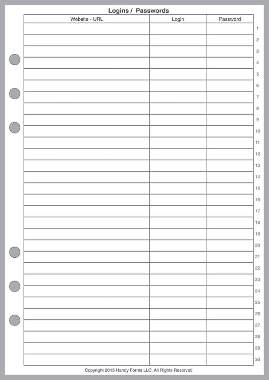 A5 Size Login Password List, Sized and Punched for 6-Ring A5 Notebooks by Filofax, LV (GM), Kikki K, TMI, and Others. Sheet Size 5.83" x 8.27" (148mm x 210mm)