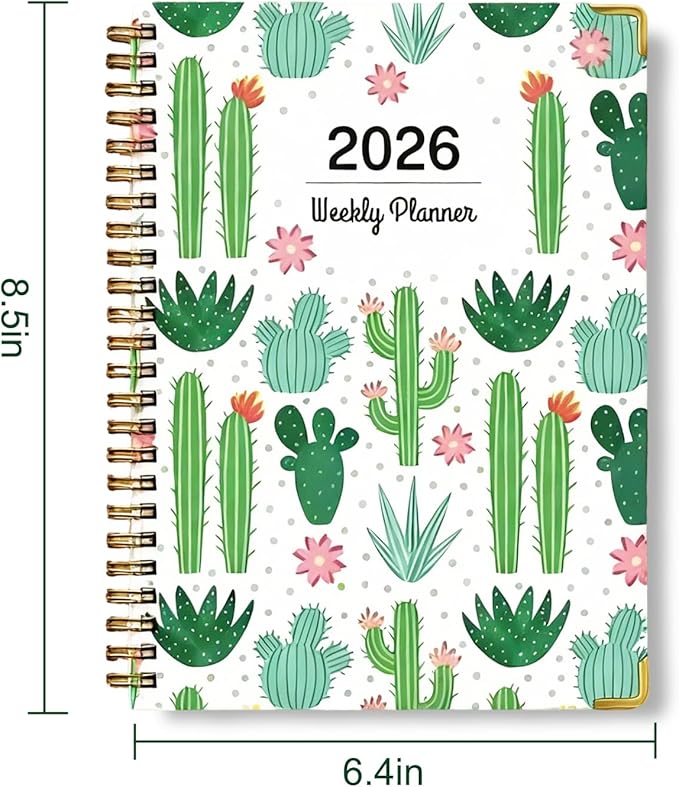 2026 Planner, Weekly and Monthly Calendar Planner for Women, Jan 2026 - Dec 2026, Hardcover Planning Agenda book with Tabs, Spiral Bound, Inner Pocket, Perfect for School Office Supplies, 6.2" x 8.5" - Cactus