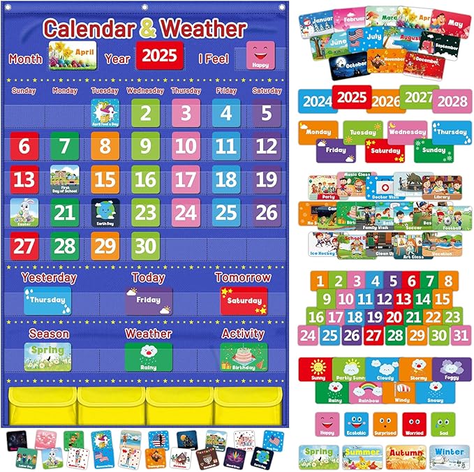 Blue Classroom Calendar Pocket Chart for Kids - Monthly Weather Seasons Learning Chart with 113 Cards | Teacher Must Haves for Kindergarten, Preschool, Homeschool | Interactive Educational Wall Chart