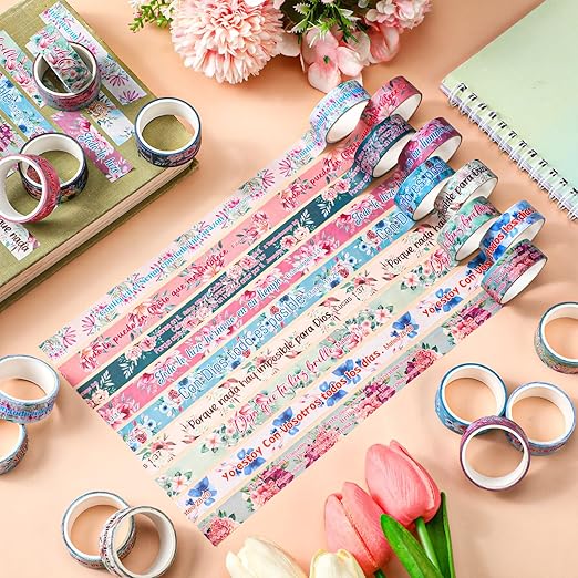 Janlaugh 24 Rolls Christian Washi Tape for Bible Journaling Gifts Bulk Religious Inspirational Scripture Supplies Spanish Floral Bible Verse Washi Tape for Study Crafting Spring Valentine's Day Gifts