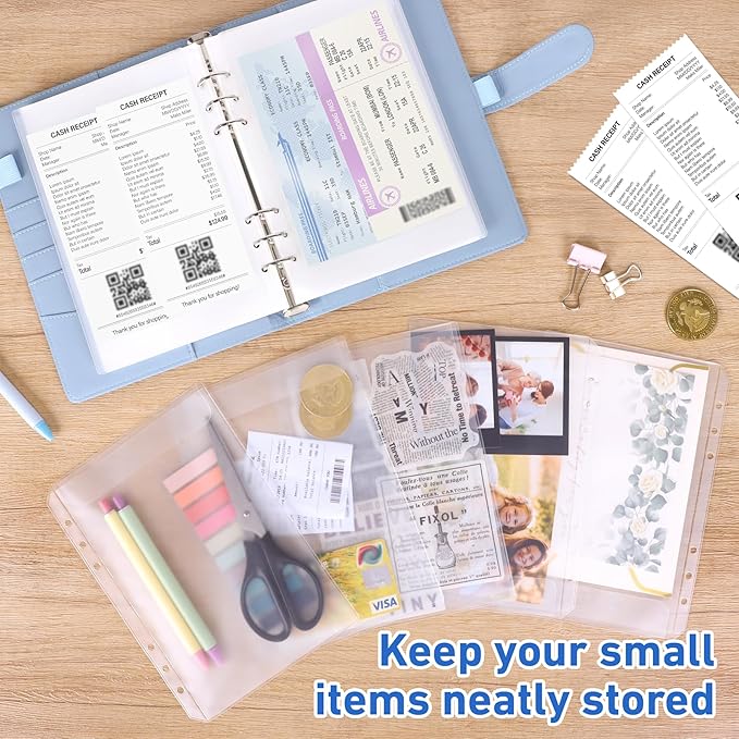 Antner 12PCS A5 Binder Pockets No Zipper 6-Hole Budget Cash Envelopes for Small Refillable Notebook, Zipless A5 Planner Inserts Binder Pouches Loose Leaf Money Organizer Bags for Saving Challenge