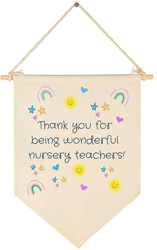 Thank You Gift for Teacher-End of Term Gift for Daycare,Nursery Worker School Nursery-Rainbow Teacher Leaving Present-Canvas Hanging Pennant Flag Banner Wall Sign Decor