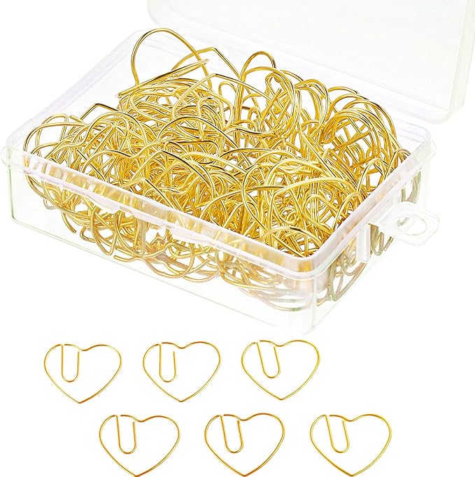 Jetec 100 Pcs Mini Paper Clips Small Cute Fancy Shaped Stainless Steel Metal Bookmarks Bulk for Office Stationery School Supplies Document Note Sorting Wedding Decoration(Heart Shaped,Gold)