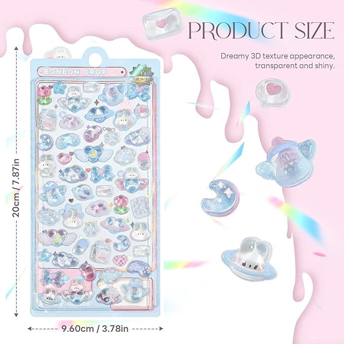 3D Cute Cartoon Blue Puff Stickers - Kawaii Rabbit Love Heart Mini Puffy Stickers Reusable Resin Decorative Decals for Scrapbooks Planner Journals Laptops Phone Case Decor