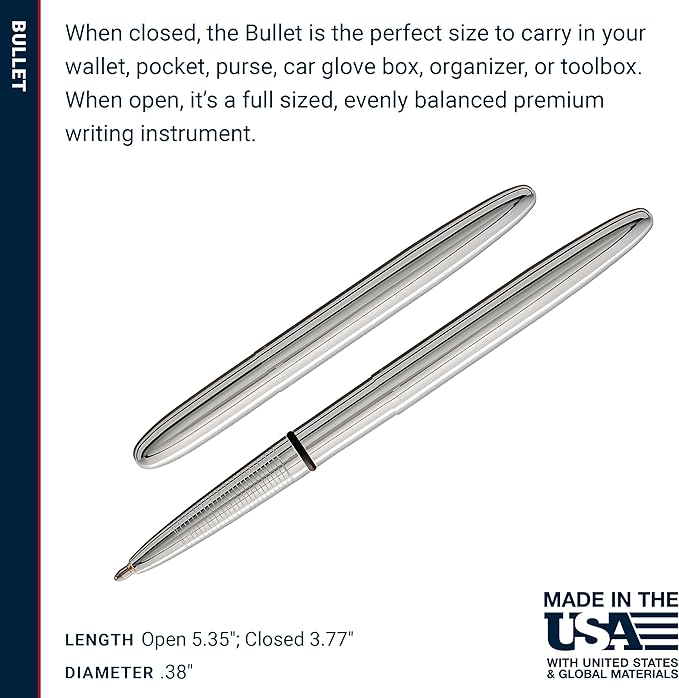 Fisher Space Pen Bullet Space Pen, Chrome Pressurized Ballpoint Pen, Compact Pocket Size, Writes Upside Down and in Extreme Temperatures, Smooth Black Ink, Medium Point, Made in the USA